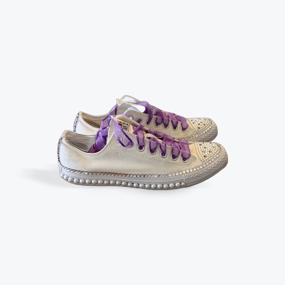 Custom White Converse Chuck Taylor All Star Low‎ Top Sneakers Embellished 10.5